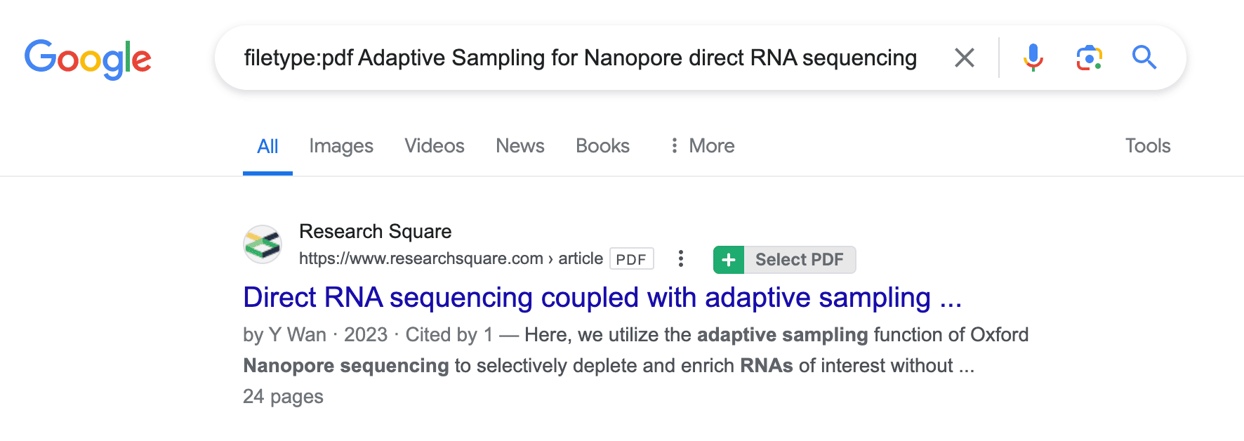 A Google search for “filetype:pdf Adaptive Sampling for Nanopore direct RNA sequencing” with a green “Select PDF” button beside the first result from Research Square.